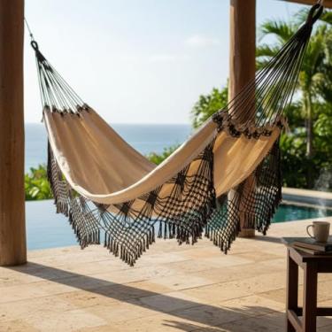 Imagem de Rede Brazil, Rede de Dormir Casal, Suporta até 200kg, Bege com Marrom, 100% Algodão, Uso Coberto, 4,20m x 1,60m, 2,9kg, Dobrável, 2 Pessoas