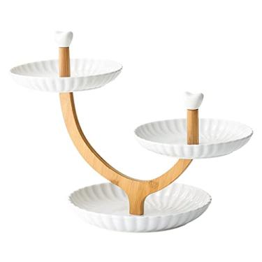 Imagem de Conjunto de tigela de frutas decorativa com suporte de bambu natural, cesta de frutas de cerâmica, conjunto de bandeja de servir para frutas, aperitivo de sobremesa, bolo, cesta de frutas (A)