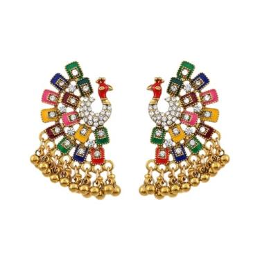 Imagem de Brincos pendentes de pavão vintage zircônia cúbica pássaro cristal animal pequenas bolas indianas Bollywood étnico tradicional Jhumki brinco joias modernas presentes para mulheres melhores amigas