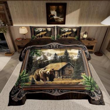 Imagem de Feelyou Jogo de cama queen com urso fofo, animal selvagem, para meninos e meninas, crianças, cabana rústica, campo, natureza, vida selvagem, urso, decoração de quarto, respirável, microfibra macia