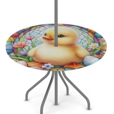 Imagem de hongjinglin Toalha de mesa de Páscoa para uso ao ar livre com orifício para guarda-chuva, toalha de mesa redonda elástica com zíper, impermeável, limpável, para piquenique, festa, pátio, serve para