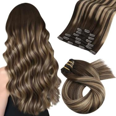 Imagem de Moresoo Clip In Hair Extensions Real Humano Trama Dupla Castanho Balayage Misturado Com Loiro Caramelo Cabeça Inteira 16 Polegadas 7 Peças 120G