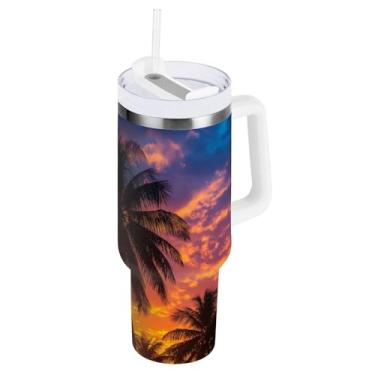 Imagem de Blueangle Copo isolado de 850 g com alça e tampa de canudo - Caneca de viagem de aço inoxidável à prova de vazamento, garrafa de água de palmeiras de coco a vácuo de parede dupla (66)