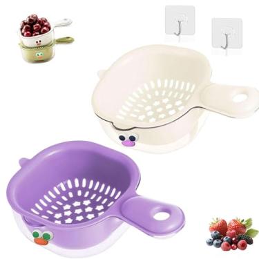 Imagem de Cesta de drenagem de camada dupla de cozinha com alça, mini coador de frutas e escorredor de vegetais para baga e tomate uva (roxo + branco)