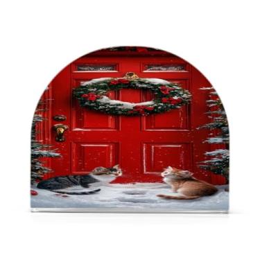 Imagem de Qilmy Porta vermelha festiva guirlanda de Natal porta-guardanapos para mesas, elegante suporte de guardanapo de papel de placa acrílica, dispensador de papel de seda independente moderno para jantar