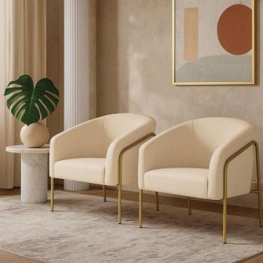Imagem de Poltrona Sala Industrial Alta Dourado Kit 2 Stella Suede Bege D03 - D'