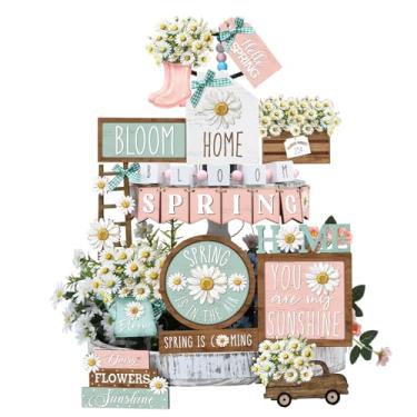 Imagem de Bucherry Conjunto de bandeja de flores de primavera em camadas, decoração de casa de fazenda, margarida, floral, placa de madeira rústica, mesa de primavera, centro de mesa, decoração para casa