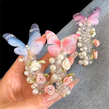 Imagem de 1 peça de laços de cabelo em espiral design de cordão de telefone com detalhes em rosa pérola acessórios de rabo de cavalo para festas, viagens diárias, roxo