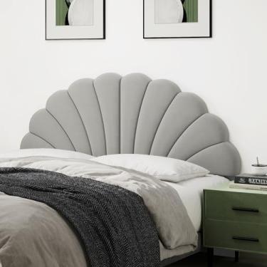 Imagem de Befurtori Cabeceira Queen Size apenas, suporte de parede com pétalas, tamanho queen/casal para cama ajustável, cabeça estofada de veludo, fácil montagem, cinza