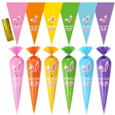 Imagem de Tatuo 100 peças de sacos de coelho da Páscoa para petiscos, cone, celofane, doces, sacos plásticos com 100 peças de laços dourados torcidos para biscoitos, doces, festa de Páscoa, pipocas, biscoitos