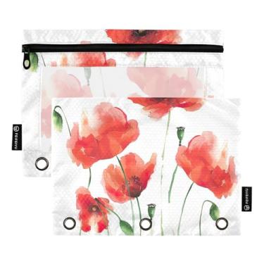 Imagem de GAIGEO Pasta de lápis com 3 anéis de flores em aquarela com zíper para guardar pastas escolares bolsos transparentes meninos 25 x 18 cm, 2 pacotes