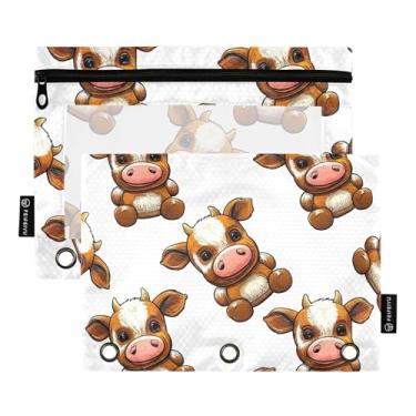 Imagem de GAIGEO Bolsa de lápis com 3 argolas fofas de vaca com zíper, fichários escolares fofos, bolsos transparentes, giz de cera 25 x 18 cm, 2 pacotes