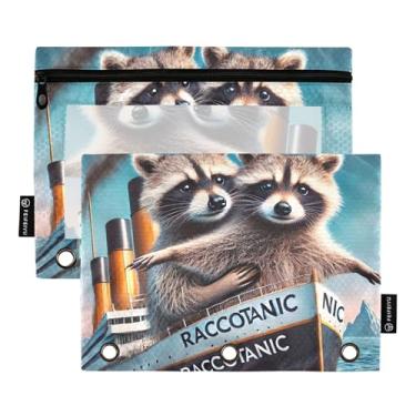 Imagem de GAIGEO Fichário decorativo com 3 anéis, bolsa de lápis fofa com estampa de guaxinim Titanic, fichário escolar, bolsos transparentes, rosa, 25 x 18 cm, 2 pacotes