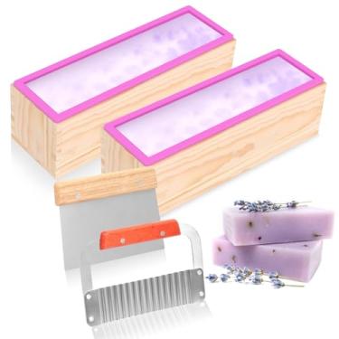 Imagem de KHZSPP 2 moldes de silicone para fabricação de sabão com cortador, pão retangular flexível de 1,150 g vem com caixa de madeira, raspador ondulado e reto de aço inoxidável para bricolage feito à mão