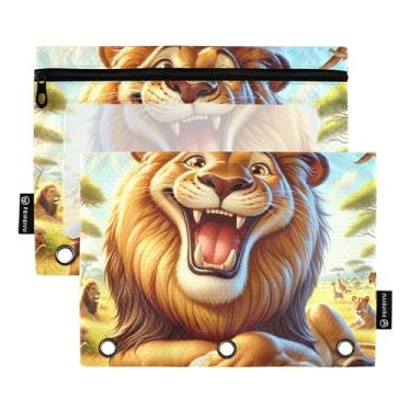 Imagem de GAIGEO Pasta de lápis Work com 3 anéis, bolsa de lápis, fichário com zíper, bolsos macios e transparentes, leão, savana africana, 25 x 18 cm, 2 pacotes