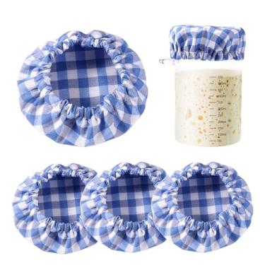 Imagem de 4 peças de capas de pano para jarro iniciante de massa fermentada, pano de algodão xadrez para fermentação de pão de queijo, tampas elásticas não branqueadas, reutilizáveis, tampa de tigela de