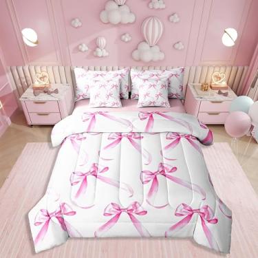 Imagem de Erosebridal Conjunto de cama solteiro de 7 peças, gravata borboleta rosa moderna, conjunto de edredom infantil para meninos e meninas, conjunto de colcha estilo princesa sonhadora, conjunto de lençol