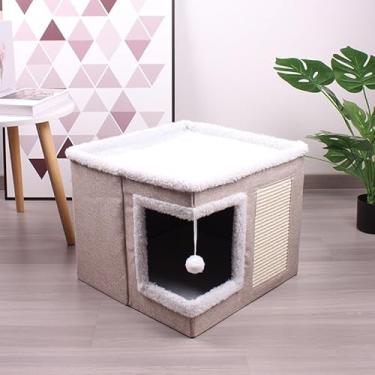 Imagem de Casinha Dobrável para Gatos com Arranhador de Sisal e Brinquedo Suspenso – Conforto e Diversão(BEGE)