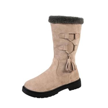 Imagem de Botas femininas casuais até o meio da panturrilha, material de camurça, bico redondo, zíper lateral, salto baixo, forro de lã para aquecimento e conforto no inverno, Caqui, 34