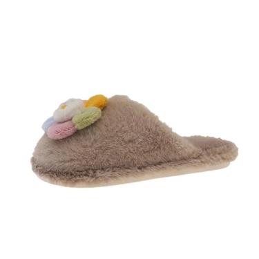 Imagem de Sandálias femininas versáteis e fofas, decorativas, espessas, quentes, fechadas, modernas, para outono e inverno, com sola lisa e macia, Caqui, 36