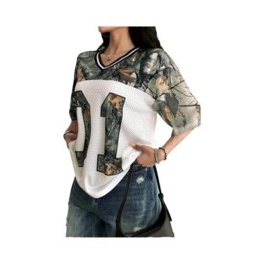 Imagem de Camiseta Feminina De Verão Com Decote Em V Camuflada, Secagem Rápida E