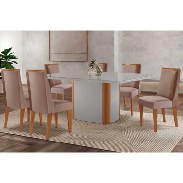 Imagem de Mesa Cozinha Pietá c/ Tampo Madeirado c/ Vidro Canto Curvo 180x90cm e 6 Cadeiras Tilia Madeira Maciça Naturale/Off White - Capuccino/Linho Capuccino-R