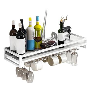 Imagem de Rack de vinho montado na parede - Prateleiras de barra de metal flutuantes industriais, grande exibição de garrafa de vinho e licor com economia de espaço com suporte de vidro (branco, 80 cm/31,4")