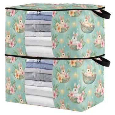 Imagem de Burbuja Bolsa de armazenamento de roupas de coelho com tampas e alça, embalagem com 2 recipientes de armazenamento de cobertor dobrável com zíper resistente e janela transparente para armário de