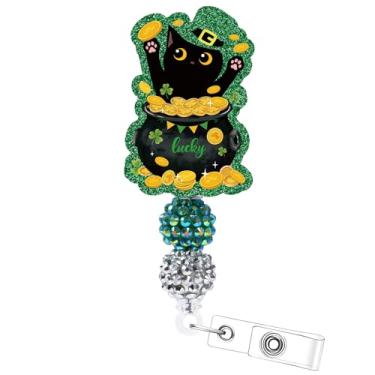 Imagem de Carretel de crachá de Dia de São Patrício - cosmisun Porta-crachá de trevo de gato preto retrátil com clipe jacaré para presente de identificação de gato para enfermagem, enfermeira, professor, aluno