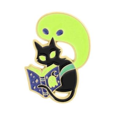 Imagem de Broche Esmaltado Rígido De Gato E Fantasma Assustadores Que Brilham No