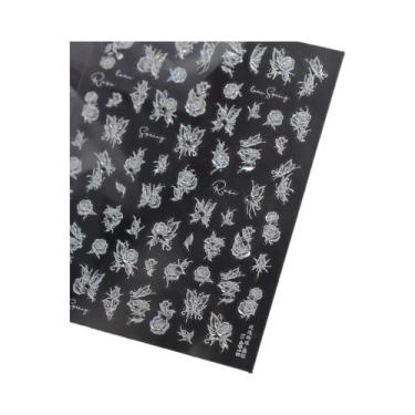 Imagem de Adesivo De Unha 5D Floral Preto E Branco Com Pétalas Douradas Transpar