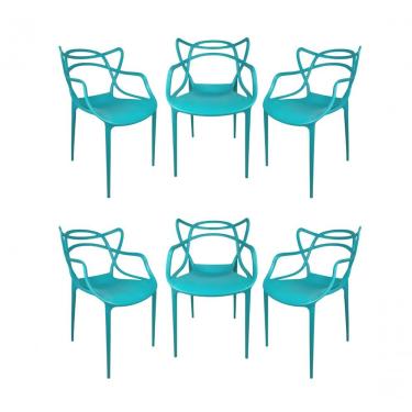 Imagem de Jogo com 6 Cadeiras Allegra em Plástico Turquesa Empilháveis com Encosto Ergonômico para Sala e Área Gourmet