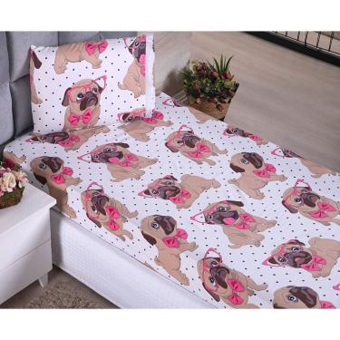 Imagem de Kit Jogo de Lençol Solteiro 2 Peças com Elástico Microfibra 170 Fios 100% Poliéster Estampa Dog Poá OEM