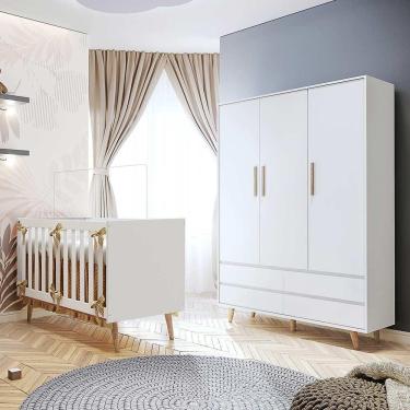 Imagem de Quarto Bebê Retrô Berço Americano 3 em 1 Ludmila Guarda Roupa Infantil Lorena 100% MDF Branco Carolina Baby