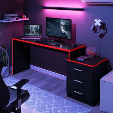 Imagem de Mesa Gamer Retangular Valência Plataforma Lateral 3 Gavetas MDP 178cm Preto Trama Verme...