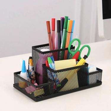 Imagem de Porta Caneta Organizador de Mesa Top Útil Aramado Multiuso com Divisórias em Metal 20cm Preto