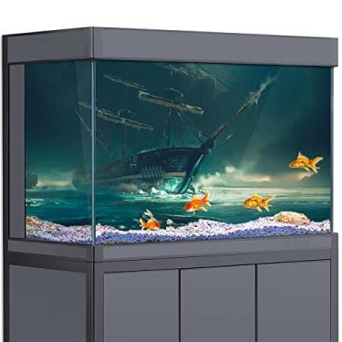 Imagem de Fundo de aquário 3D navio pirata mar impressão HD papel de parede tanque de peixes réptil habitat decorações de fundo PVC paisagem pôster adesivo (11,8x15,7(30x40cm))