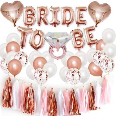 Imagem de KEAIDO Bannorette Party Decoração Bride to Be Balloon Banner Garland Bridal Shower Rose Gold Noivado Diamante Anel Conjunto de Balões Pré-Casamento Folha Borla Confetes Balões