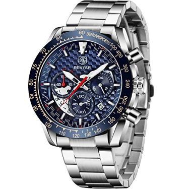 Imagem de Relógio de pulso masculino moderno com cronógrafo de quartzo à prova d'água, design esportivo, casual, para negócios, perfeito para pai, filho, preto, azul, ouro rosa (BY5175S, prata, azul), BY5175S