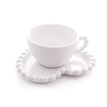 Imagem de Conjunto 4 Xícaras de Chá de Porcelana com Pires Coração Beads Branco 210ml - Wolff