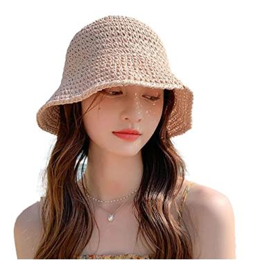 Imagem de Chapéu de sol de palha feminino chapéu de balde tecido chapéu de pesca chapéu de praia boné dobrável cor sólida chapéu de praia de palha verão(Um rosa)