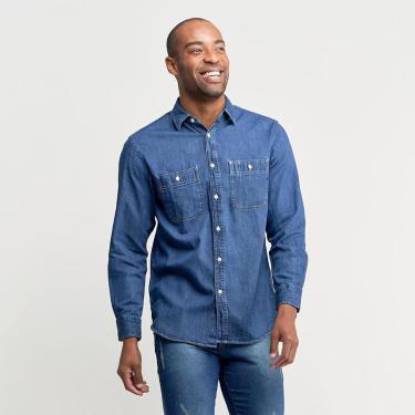Imagem de Camisa Masculina Jeans Azul Lisa - 3-Masculino