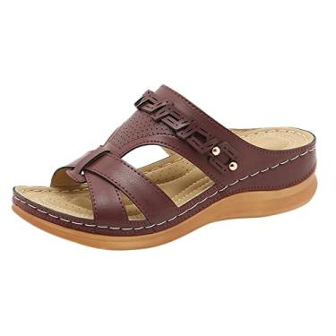 Imagem de Sandálias de plataforma femininas verão cor sólida slip on casual bico aberto anabela sola macia chinelos respiráveis sandálias sapatos sandálias (vinho, 35)