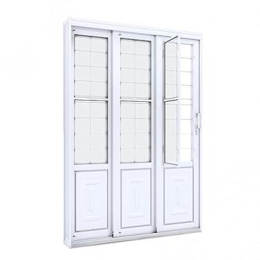 Imagem de Porta de Correr Aço Lateral com Postigo e Grade Quadrada 2 Folhas Móveis e 1 Fixa Lucasa Facilità 213cmx150cmx17cm Branco