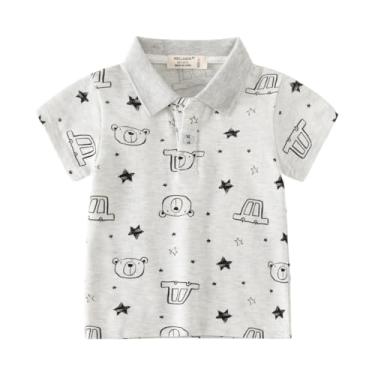 Imagem de Yueary Camisa polo infantil de manga curta, uniforme escolar, com fecho de botão, estampa fofa, camisa casual, Cinza, 110/3-4 Y