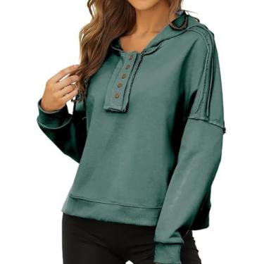 Imagem de NOVEPT Moletom feminino cropped gola Henley camisas de algodão modernas para mulheres, casuais, lisas, roupas vintage, Verde, GG