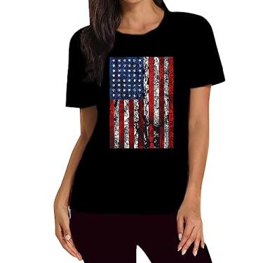 Imagem de Blusa feminina 4 de julho Dia da Independência camiseta estampada bandeira dos EUA Túnica Patriótica Star Stripes Camisa, Preto, G