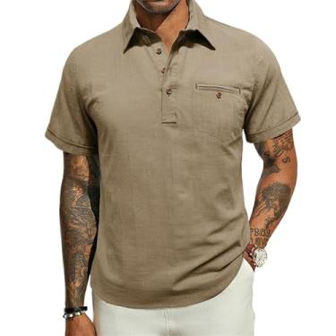 Imagem de Camisa polo masculina manga curta algodão 3 botões ajuste clássico camiseta casual, Caqui, XXG