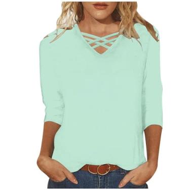 Imagem de Camiseta feminina com gola V cruzada manga 3/4 de comprimento cor sólida blusa solta casual túnica, Verde menta, GG