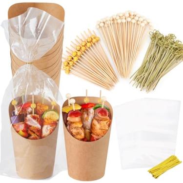 Imagem de VEIDIA 60 peças individuais de copos de charcutaria descartáveis de 400 ml com palitos, 300 espetos de coquetel, 60 sacos portáteis, copos de aperitivo de papel marrom para batatas fritas, suprimentos